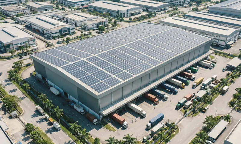Commercial rooftop solar installation on a factory